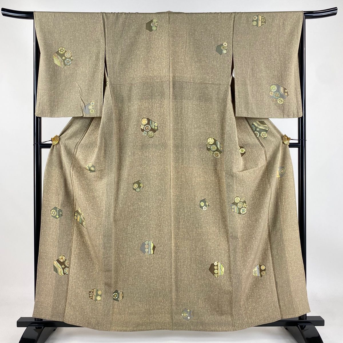 小紋 身丈160.5cm 裄丈65.5cm M 単衣 花 亀甲 薄茶色 正絹 秀品