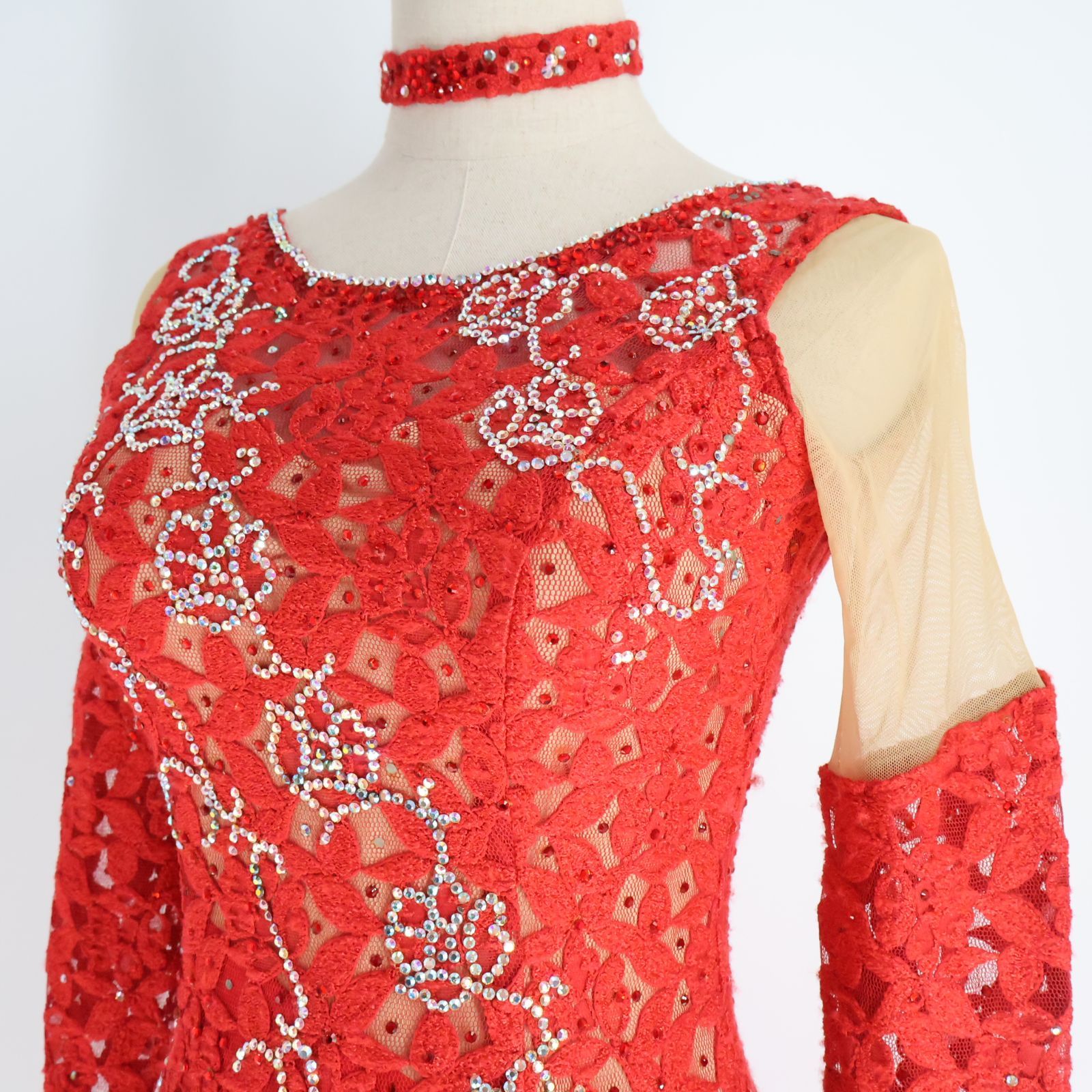 社交ダンス衣装】レッド ワンピース ドレス 赤 フリル レース フロート