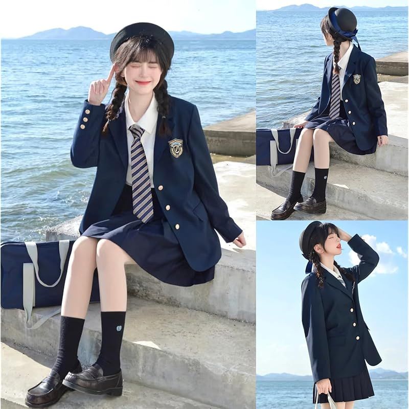AOTYP ハロウィン コスプレ 女子高生 制服 セット スクール ブレザー 無地 高校生 JKコスプレ セーラー服 女子制服 Cosplay 入学式 卒業式 学園祭 文化祭 遊園地 パーティーウェア コスチューム ネイビー L 1