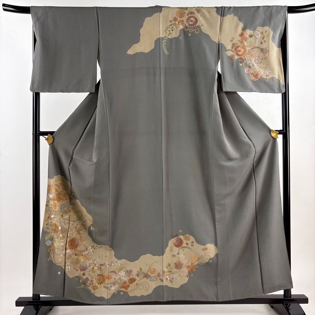 訪問着 身丈158.5cm 裄丈67cm M 袷 花唐草 道長取り 刺繍 灰色 正絹 秀品
