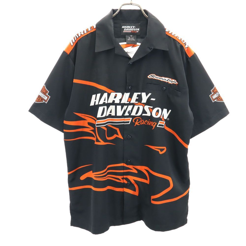 ハーレーダビッドソン プリント 半袖 オープンカラーシャツ M ブラック HARLEY DAVIDSON Racing メンズ 古着 【240401】