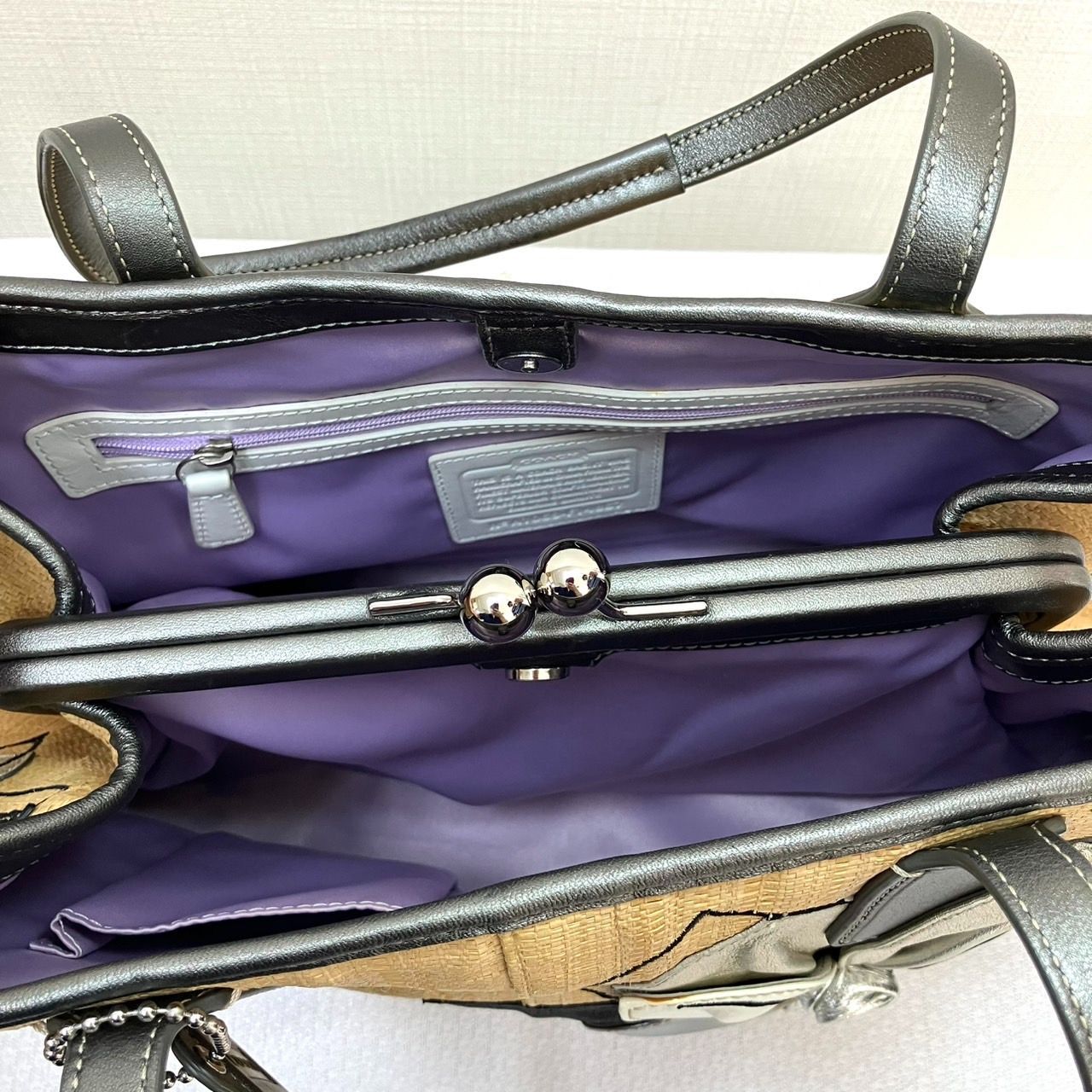 レア☆コーチ　13531　がま口　トートバッグ　ストロー　フラワー　ハンプトンズ レア☆コーチ 13531 がま口 トートバッグ ストロー フラワー