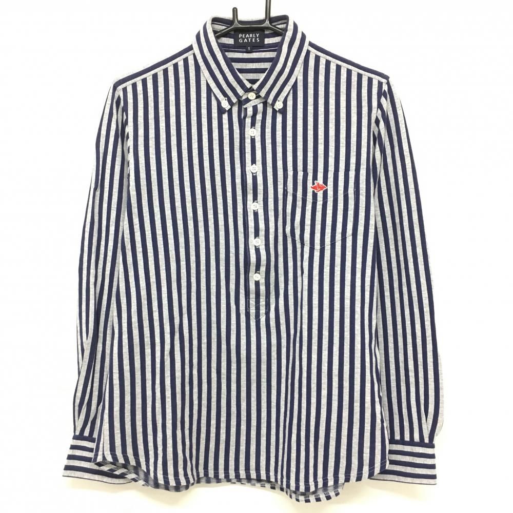 パーリーゲイツ 長袖ポロシャツ グレー×ネイビー ストライプ ボタン