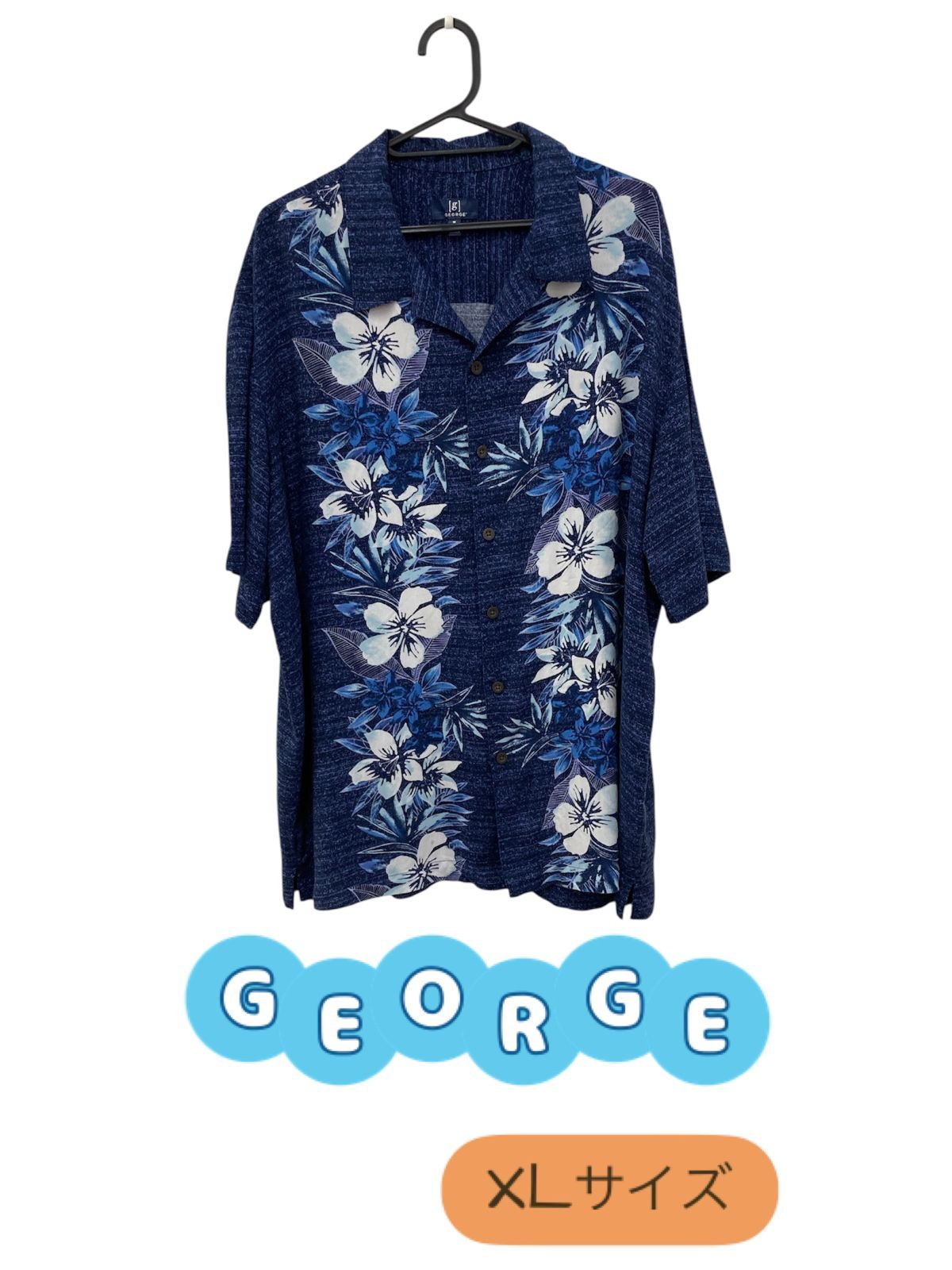 GEORGE 　アロハシャツ　ネイビー　ハイビスカス柄　着心地がいい　ゆったり　U-633