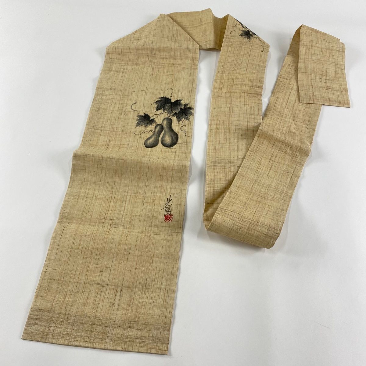 名古屋帯 名品 落款 夏帯 紬地 瓢箪 薄茶色 麻 【中古】