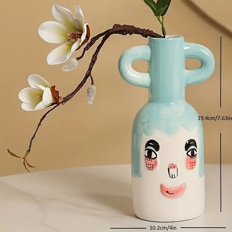 ストライプ柄セラミック花瓶1pc 手描きのシンプルな花器、手描きの両耳