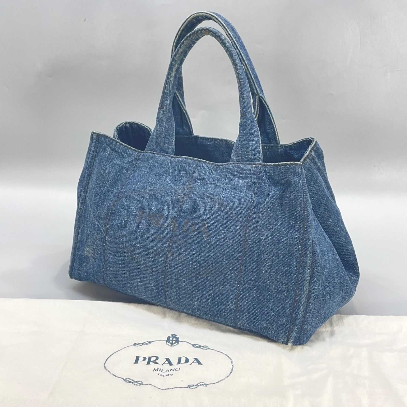 本物保証 美品 PRADA プラダ カナパ デニム トートバッグ 三角プレート Mサイズ 保存袋付 鞄 メ135
