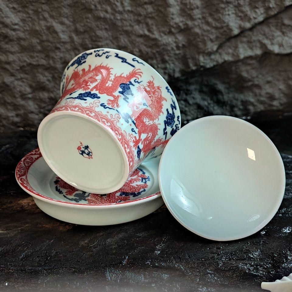 青花釉里紅祥龍三才蓋碗 中国茶器 景徳? 蓋付き茶器 飲茶食器