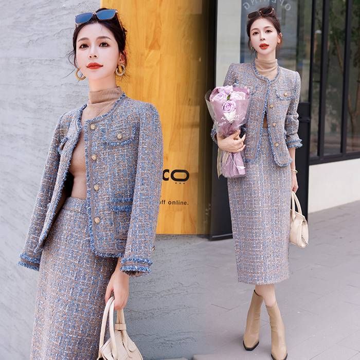 スカートスーツ 2点セット セットアップ レディース スカート ツイード ジャケット ノー フリンジ ロング スカート 長袖 春 秋 着痩せ シンプル カジュアル 上品 オフィス フォーマル 通勤 OLxiaokb11
