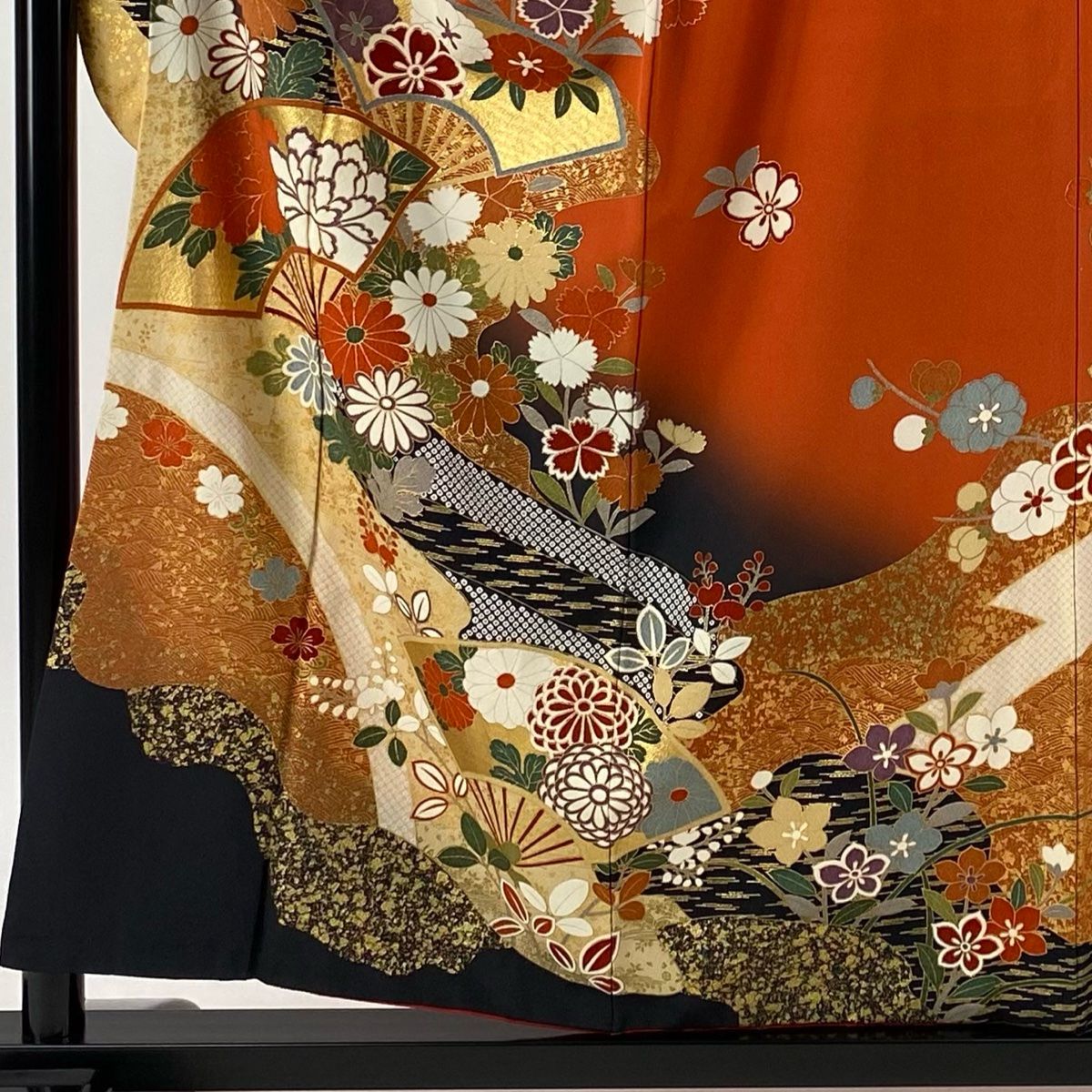 振袖 身丈156cm 裄丈62cm S 袷 扇 草花 金彩 朱色 正絹 秀品 【中古