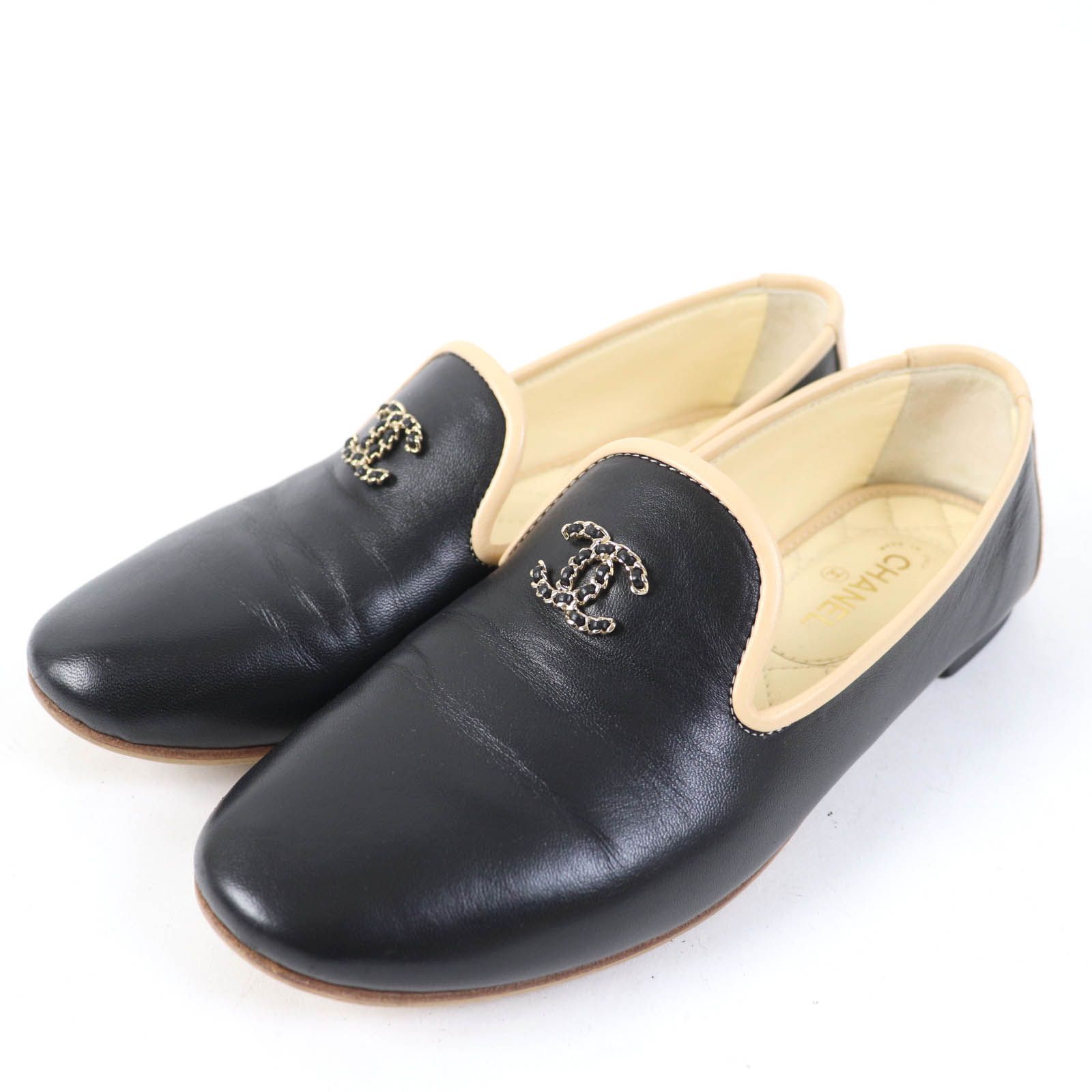CHANEL ベージュ ブラック レザーシューズ