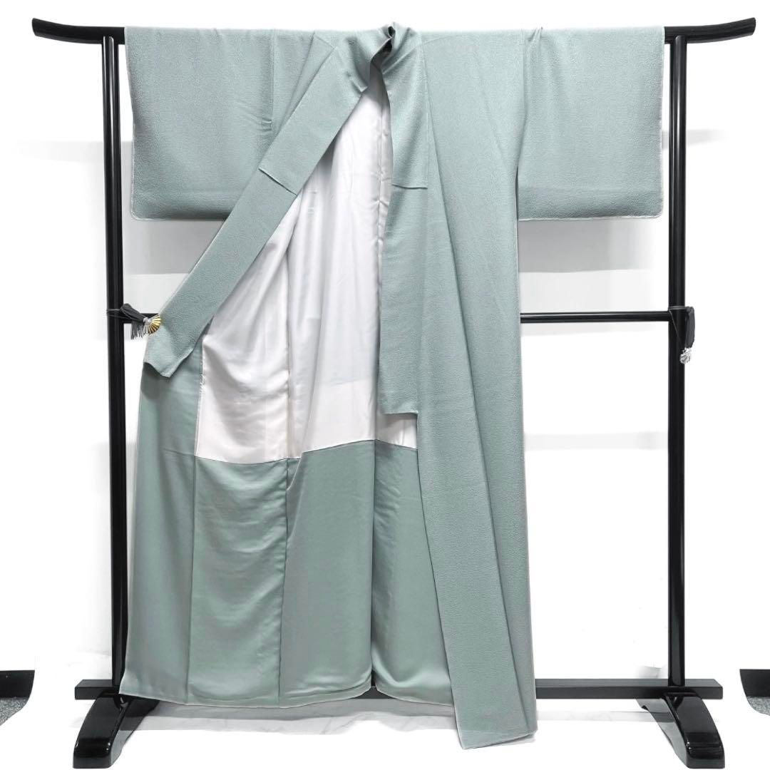 未着用 色無地 紋無し パーティ お食事会 グリーン 白緑 着物 045a d