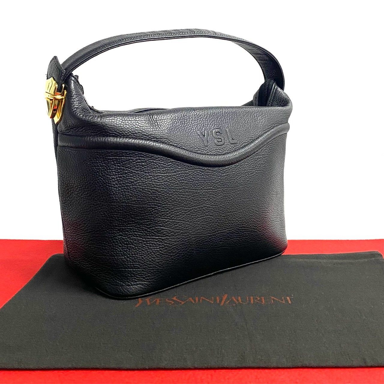 YSL イヴサンローラン ヴィンテージ ロゴレザーボストンハンドバッグ