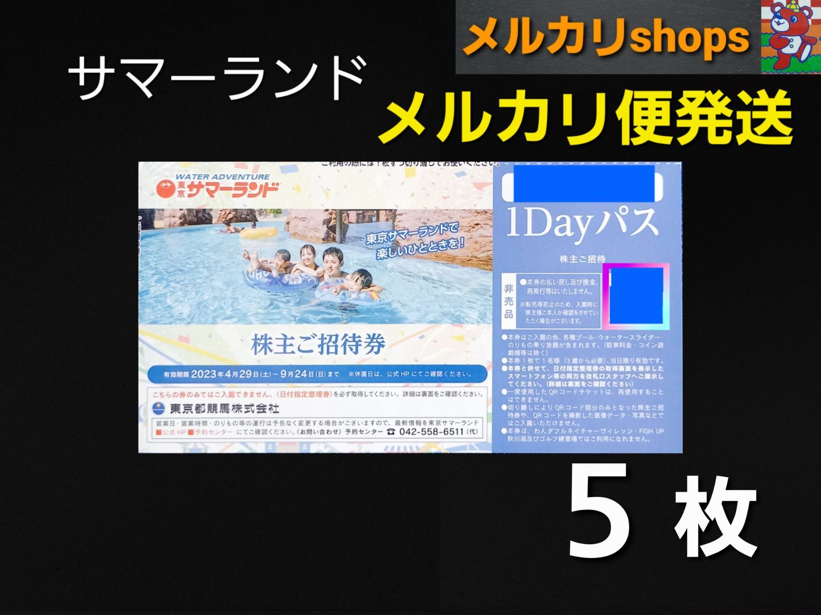 東京サマーランド１DAYパス 株主ご招待券 優待券 プール 5枚