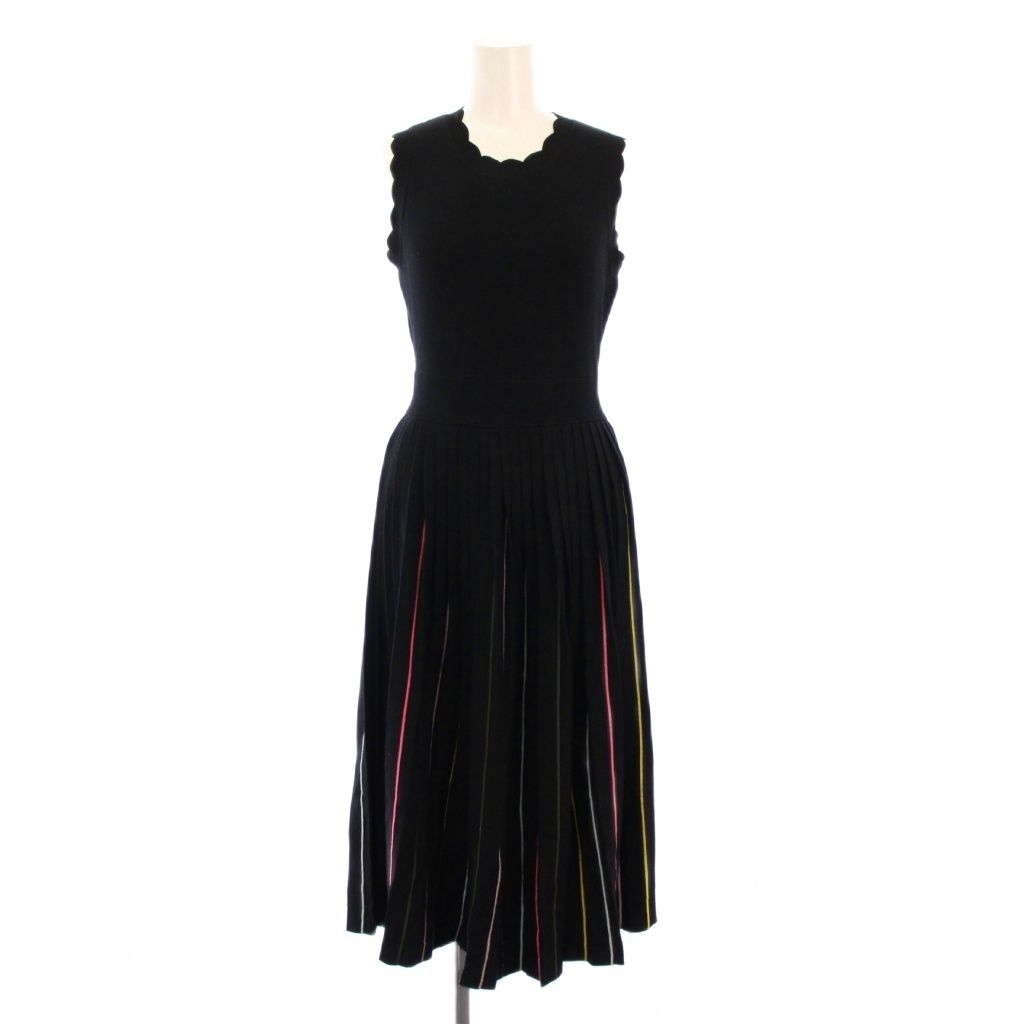 ケイトスペード KATE SPADE Pleated Sweater Dress プリーツセータードレス フ ワンピース ミモレ ロング ノースリーブ クルーネック ストレッチ ストライプ柄 XS 黒 ブラック NJMUA411 BB