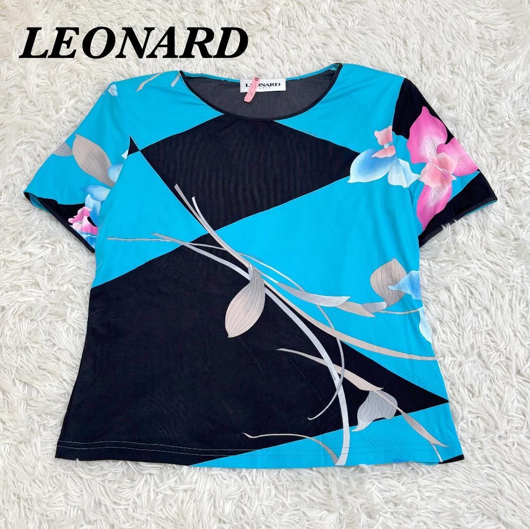 LEONARD ポリアミドカットソー 38 ブルー 百合柄