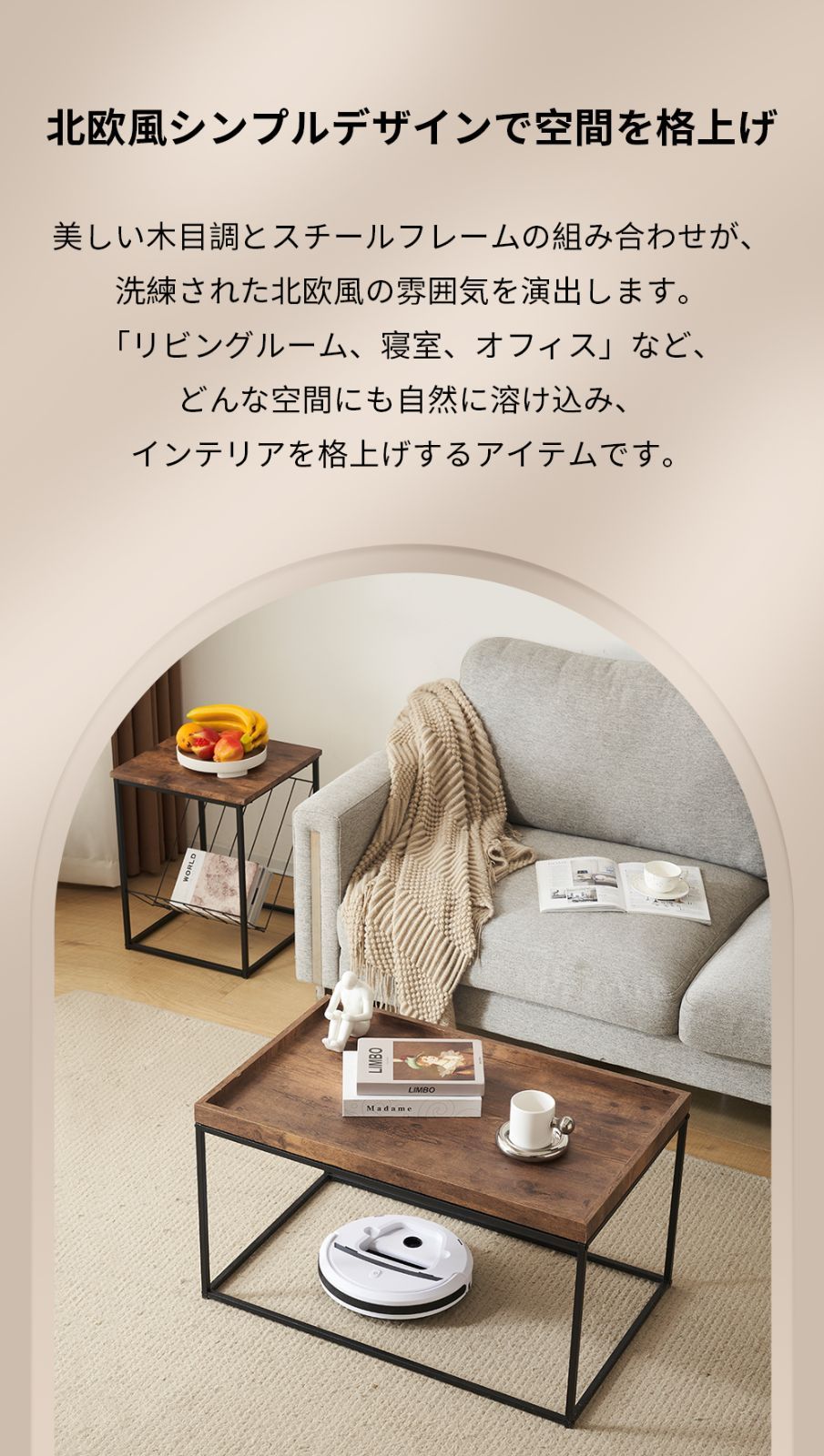 2 点セットローテーブル｜北欧風リビングテーブル｜収納付きサイドテーブル｜モダンデザイン｜コンパクトで組立簡単｜N507P264589B