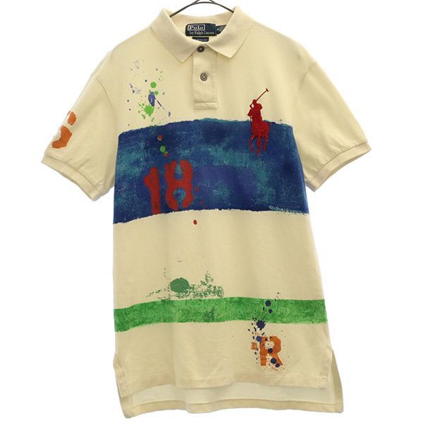 ポロバイラルフローレン ビッグポニー プリント 半袖 ポロシャツ S ベージュ系 Polo by RALPH LAUREN 鹿の子地 ロゴ刺繍 メンズ 【中古】  【230805】