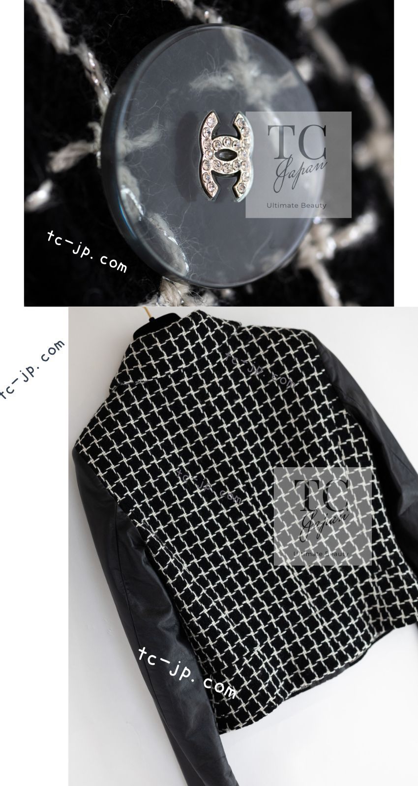 シャネル ジャケット CHANEL ブラック ウール 袖 レザー ツイード