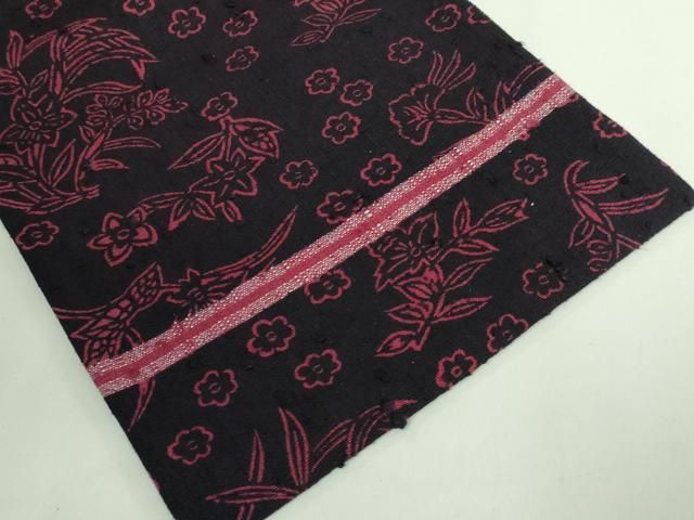 平和屋本店□極上 浦野理一 経節紬 型染 九寸名古屋帯 草花文 烏羽色地