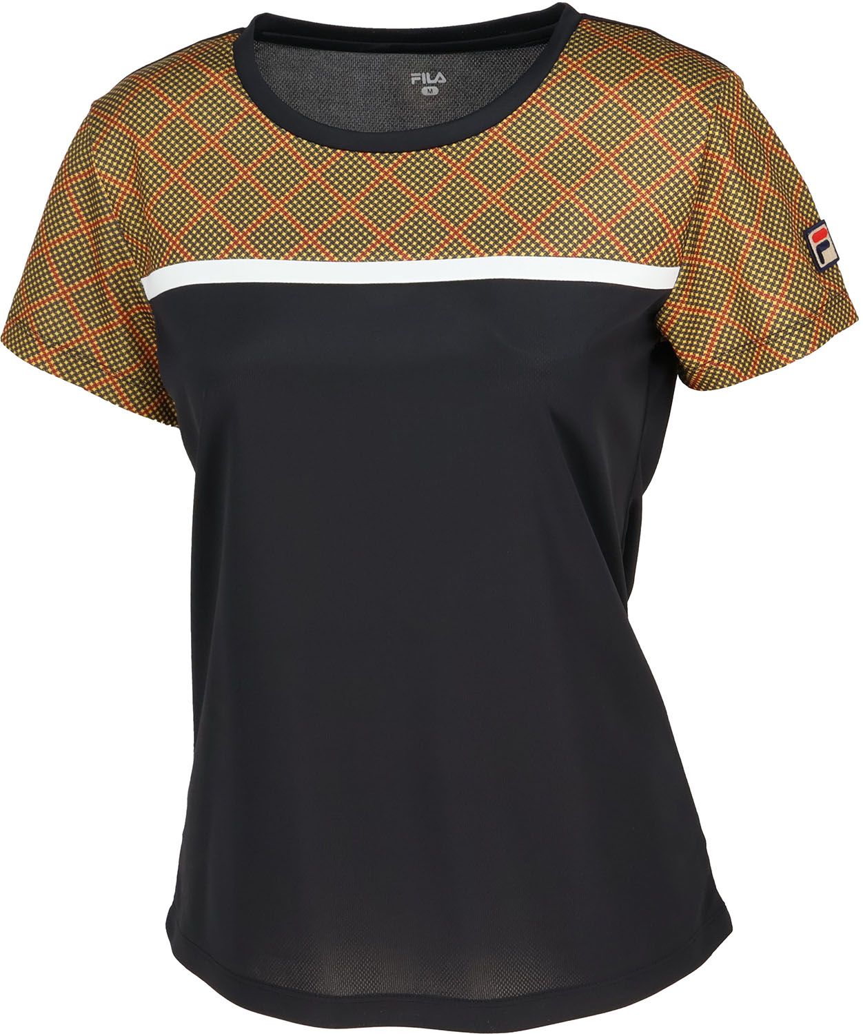 フィラ FILA テニス ゲームシャツ レディース ウィメンズ 女性 大人 半袖 Tシャツ トップス ウェア ロゴ チェック柄 部活動 クラブ サークル スクール 練習 試合 大会 移動 EL0216 05A マスタード