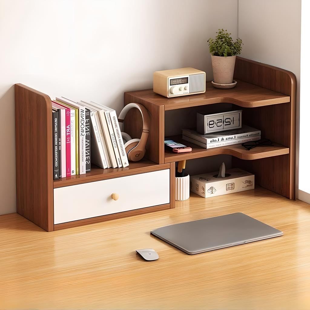 スタイリッシュで実用的！自由に伸縮するデスク上置き棚と本立て スタイリッシュで実用的！自由に伸縮するデスク上置き棚と本立て