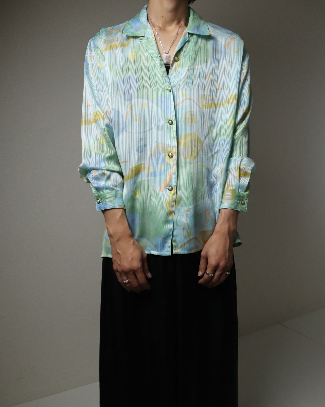 VINTAGE - アトミック柄 × ストライプ とろみ 長袖シャツ ボックスカット 80s 90s VINTAGE - アトミック柄 × ストライプ とろみ 長袖シャツ