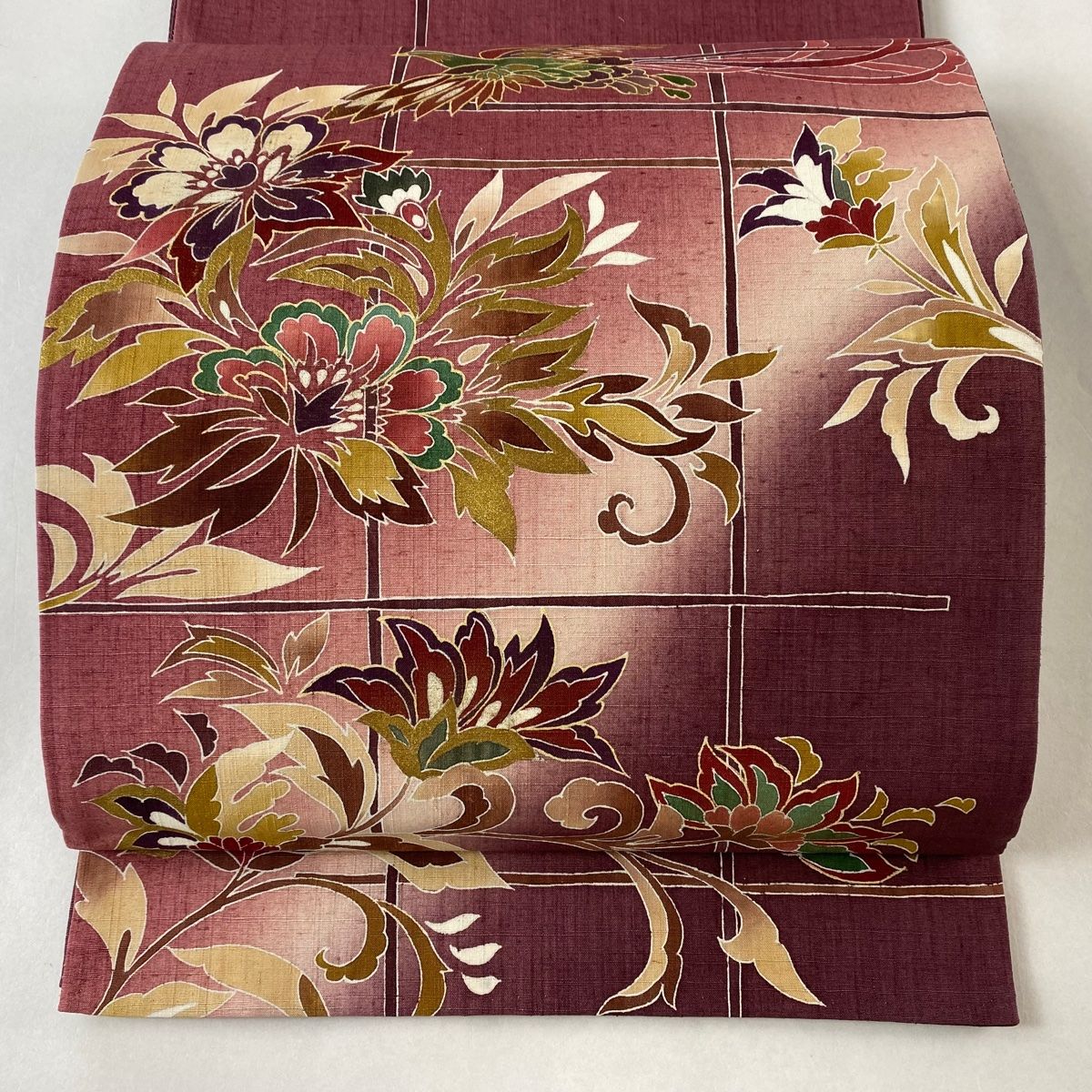 袋帯 美品 秀品 草花 金糸 刺繍 茶色 お太鼓柄 正絹 【中古】