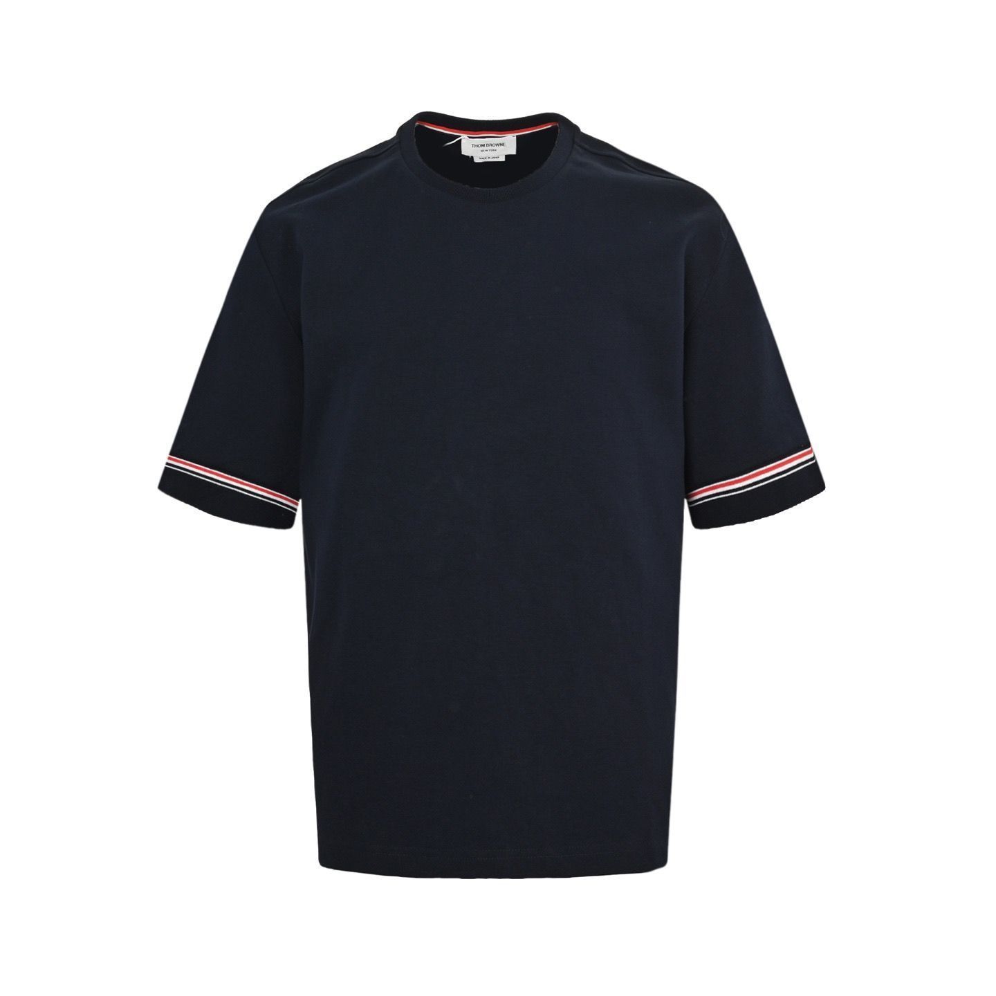 THOM BROWNE☆25SS トリミングデザイン ストライプ 半袖 Tシャツ 今日特価】Thom Browne 25ss カフ三色ストライプ ショート