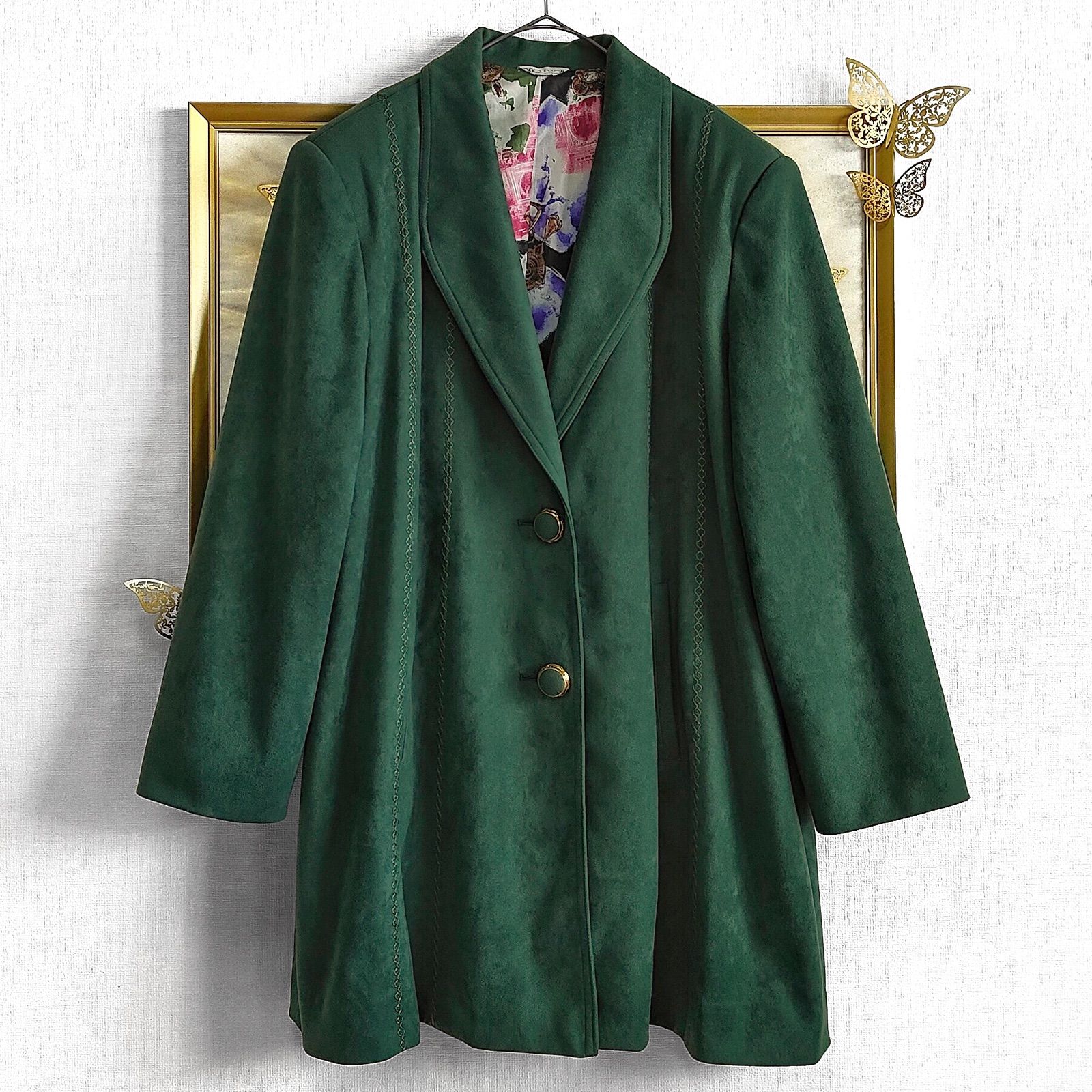 美品 タキシードカラー チェスターコート 大きいサイズ 金釦 花柄 グリーン 緑