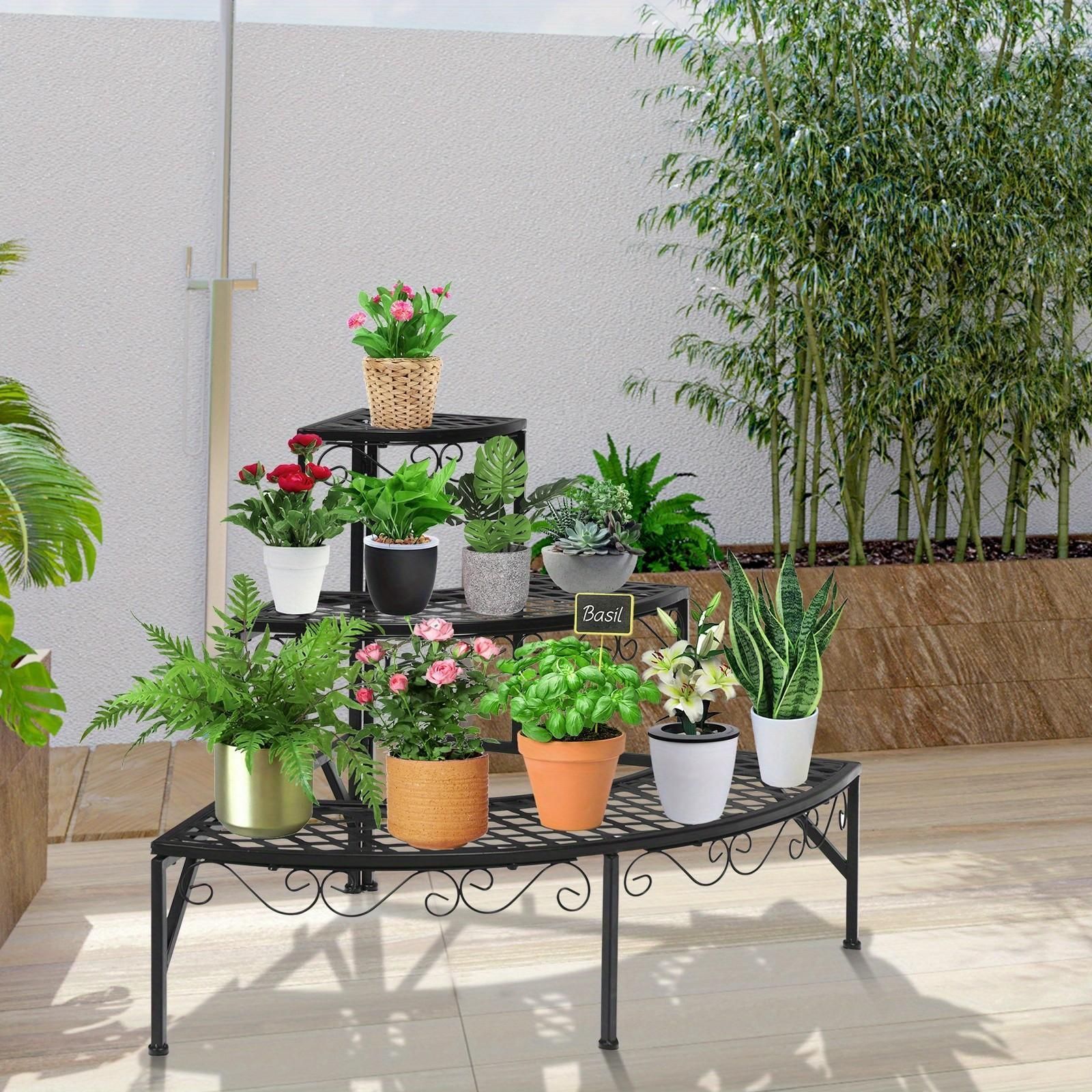 プランターラック 3段階の花壇 パティオ 金属製花ホルダー 植物ラック コーナーシェルフ アウトドア インドア 花ポットオーガナイザー 庭 パティオ バルコニー 植物ディスプレイラック エレガント おしゃれ スッキリ収納 ブラック