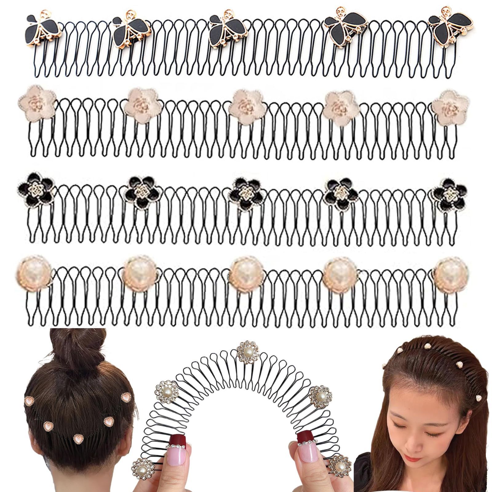 DEVENTORZ ヘアバンド コームタイプカチューシャ 6個入り カチューシャ レディース 髪留め ヘアアレンジ グッズ スプリング ヘアバンド 滑り止め 髪細め用 前髪 蝶 花 パール 固定 コーム 結婚式 卒業式 パーティー 和装 ヘッドドレス 子供 レ