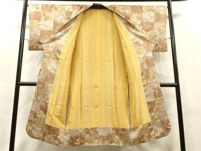 平和屋着物＃道中着 市松扇面花蝶文 ロング丈 正絹 逸品 CAAR9128id