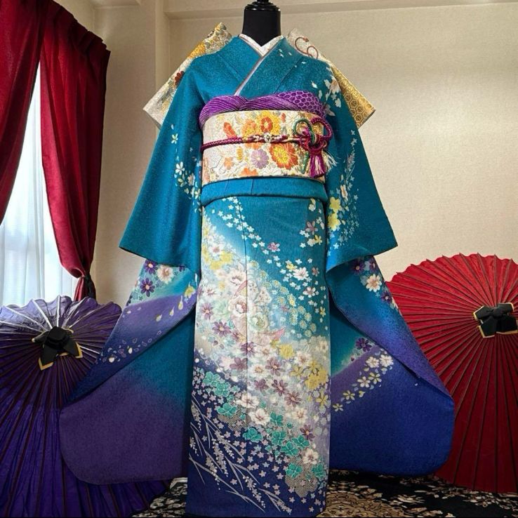 振袖フルセット 4点 古典柄 銀駒刺繍 舞桜 秋桜 金彩 暈し染め FS043