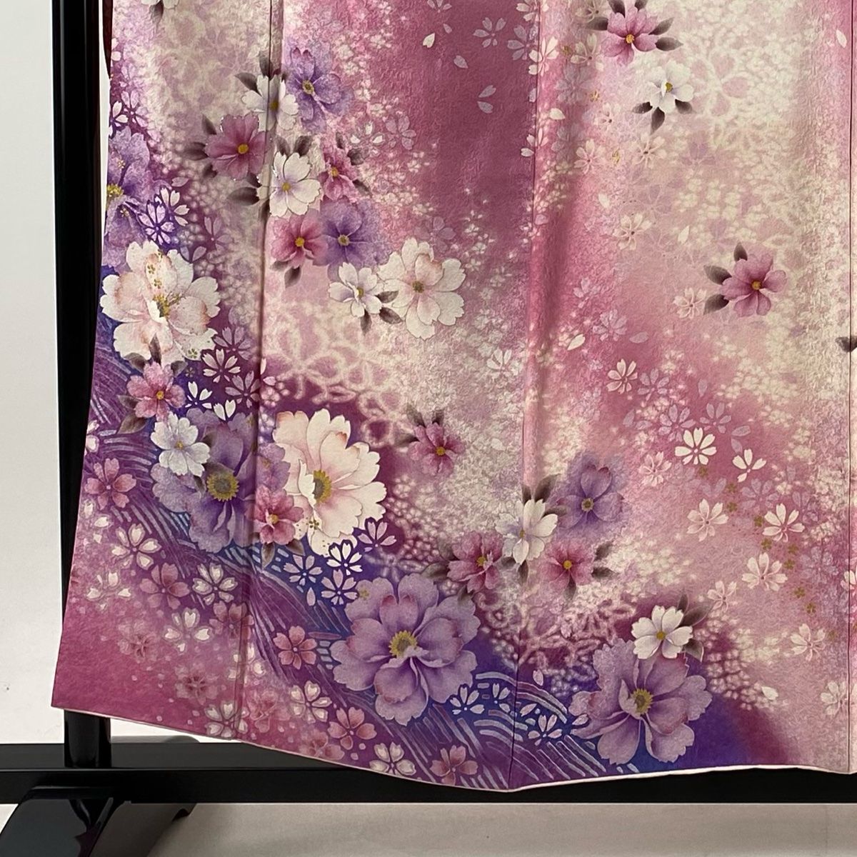 振袖 身丈157.5cm 裄丈65.5cm M 袷 桜 波 銀通し 箔 ピンク 正絹