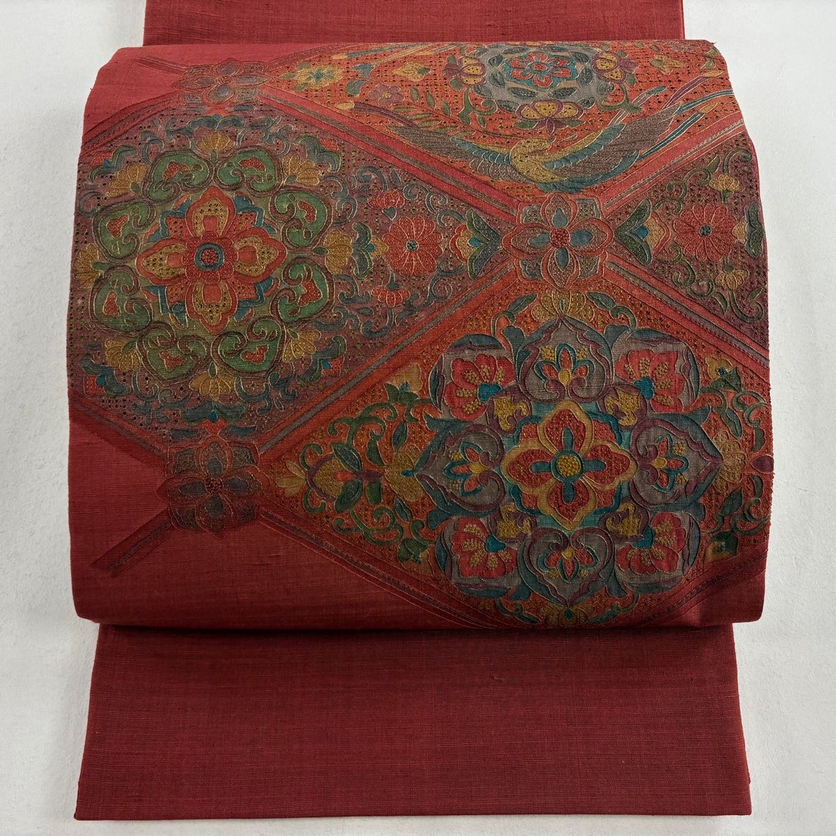 袋帯 美品 秀品 紬地 華文 刺繍 金糸 赤茶 お太鼓柄 正絹 【中古