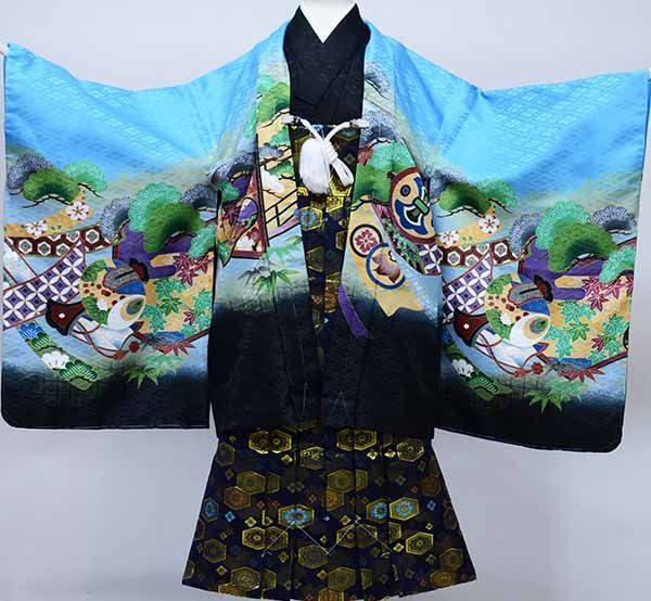 摺り込み紋七五三 五歳 男児 羽織袴フルセット 金刺繍 青地 鷹 袴変更