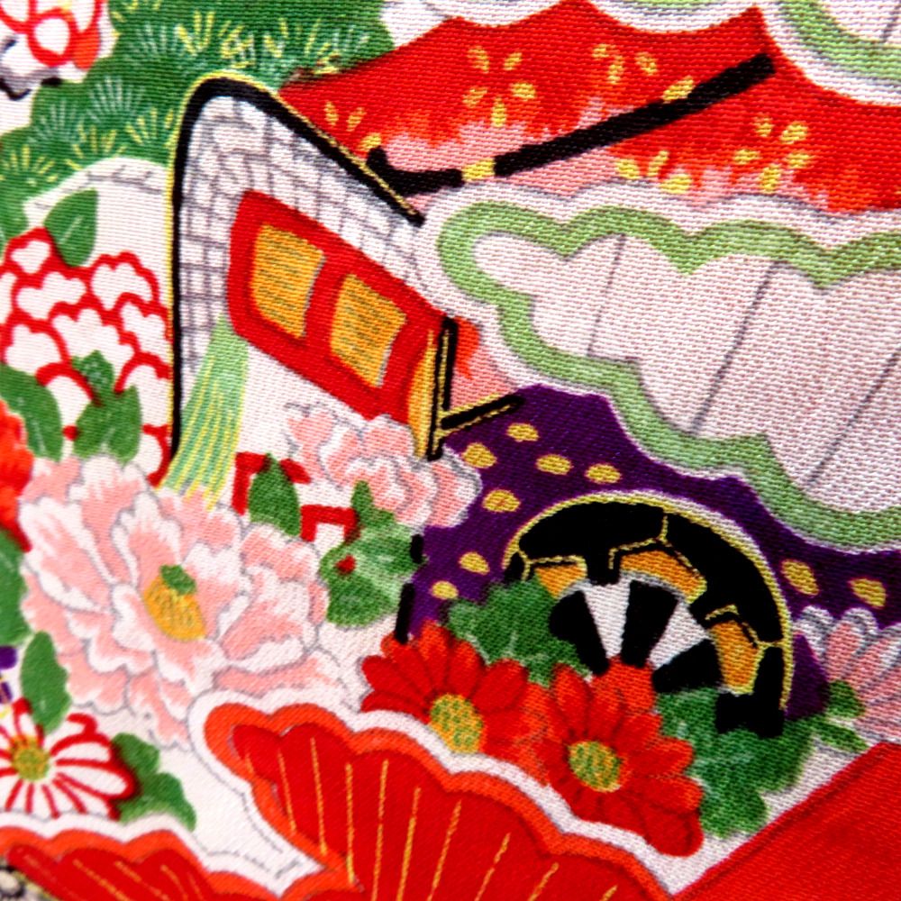 子供着物 アンティーク 昔 赤 多色 扇 御所車 冊子 花 雲 宝文様
