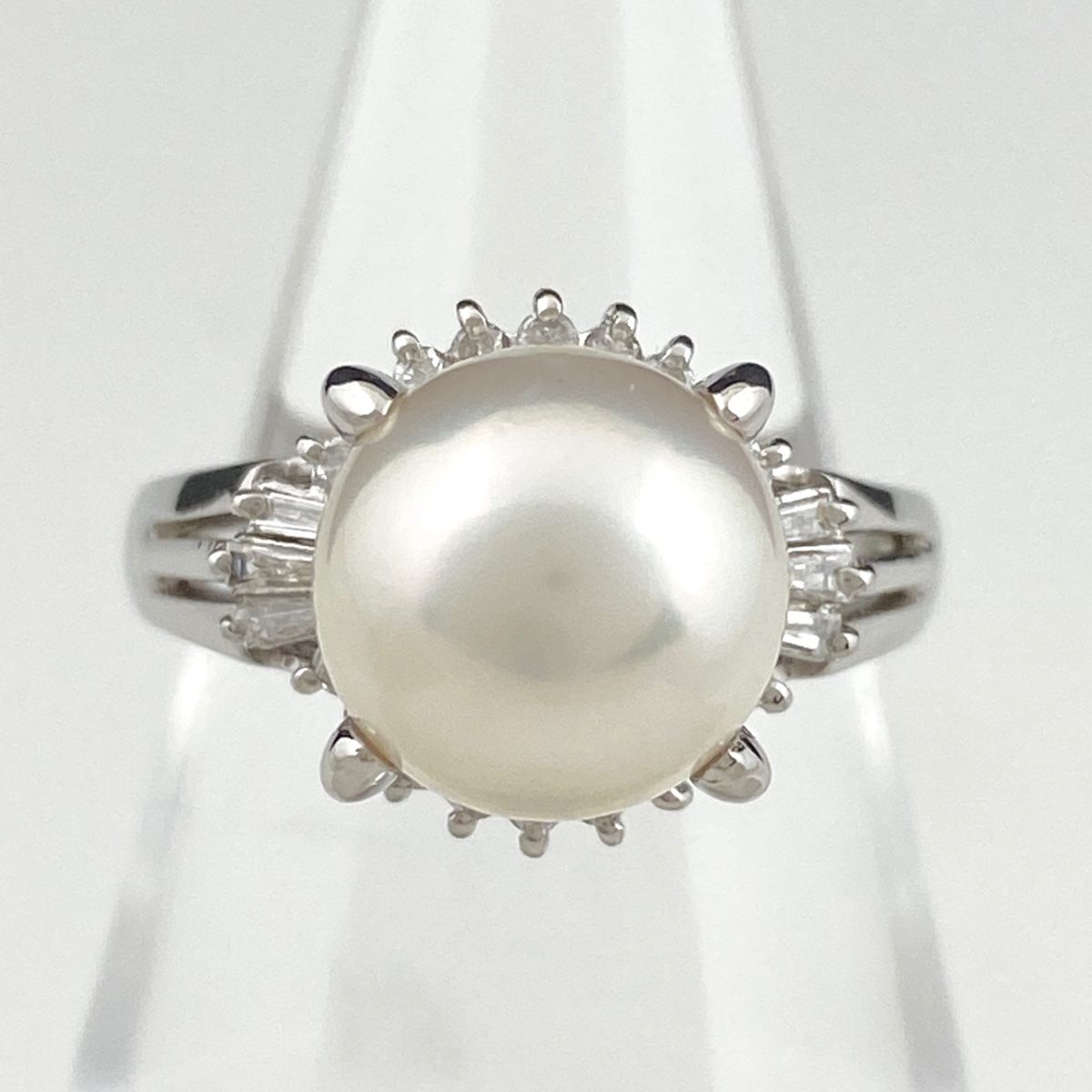 パール デザインリング プラチナ メレダイヤ 指輪 真珠 リング 8号 