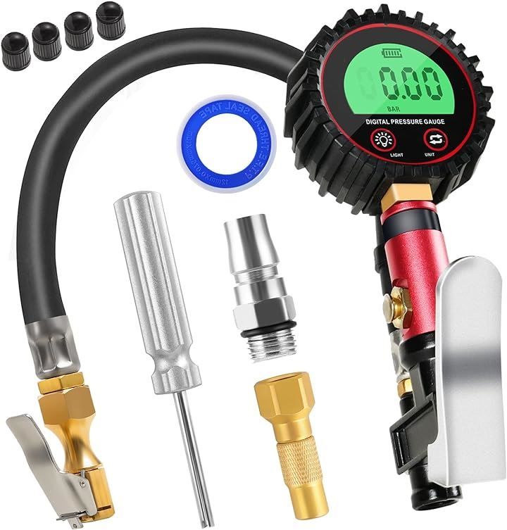 OOWOLF エアゲージ エアチャックガン タイヤゲージ デジタル式 255PSI/1400kPA空気圧ゲージ 高精度 空気圧測定 空気入れ 空気抜き 自動車＆自転車兼用 LCDデジタル表示( 赤，  レッド)
