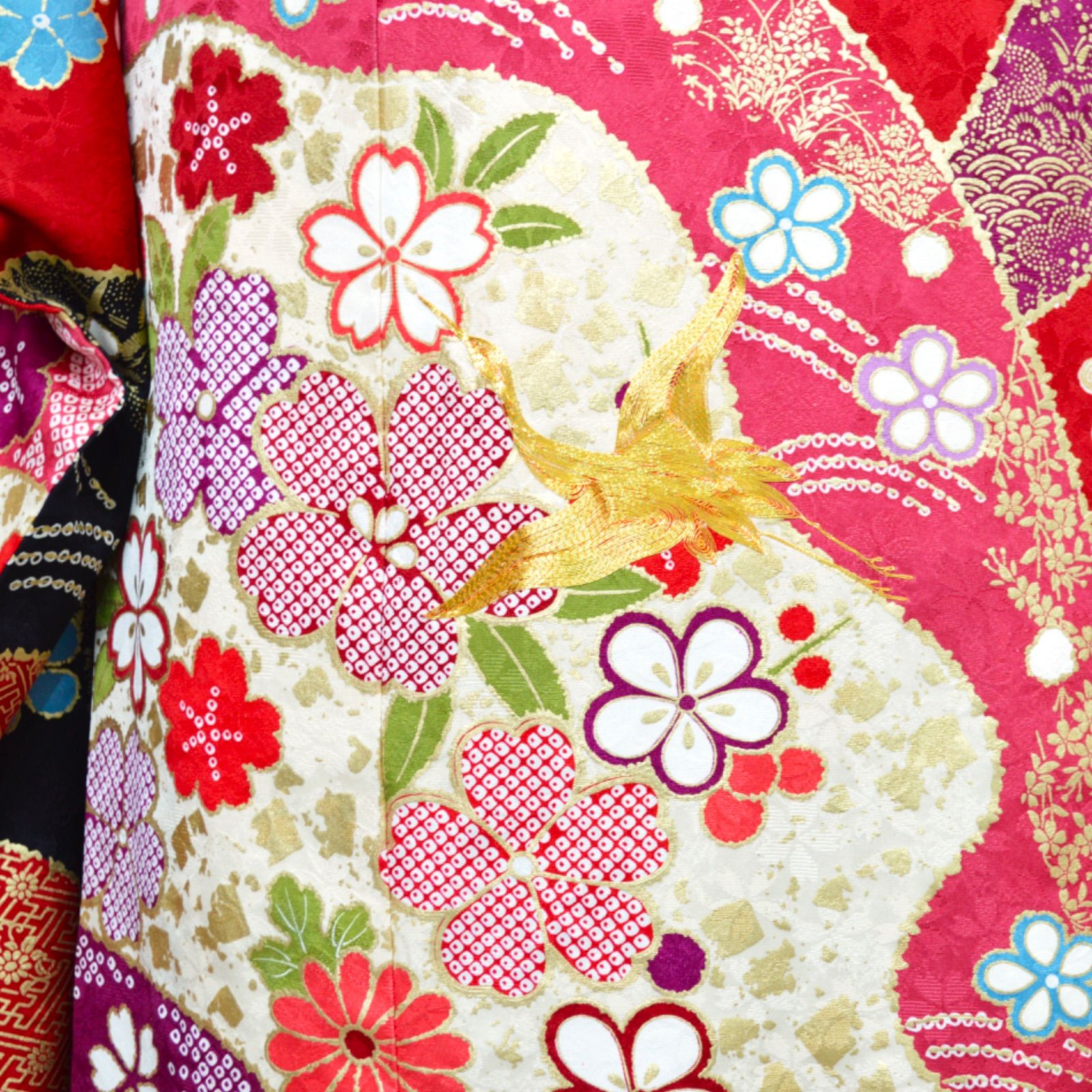 美品》正絹 振袖フルセット S〜Lサイズ 成人式 金駒刺繍 鶴 赤地