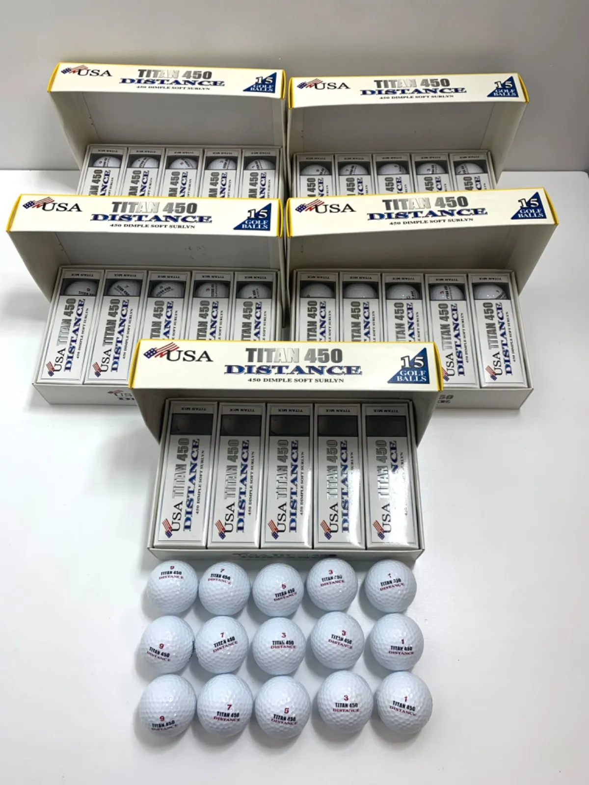 ゴルフボール75 球 チタン450 USA TITAN 450 DISTANCE 15GOLF BALL × 5