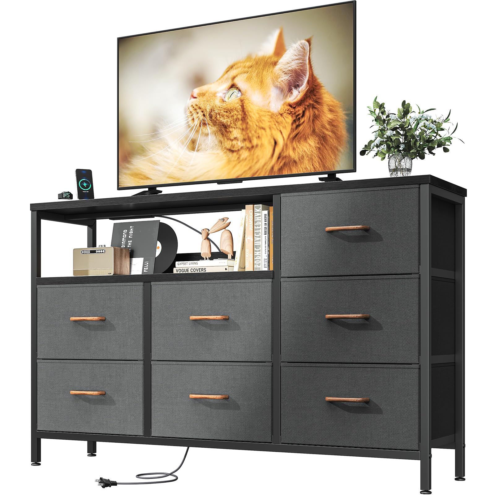 衣装ケース 布製引き出し 収納ケース 洋服タンス 箪笥 大容量 おしゃれ 収納 リビング 転倒防止 テレビ台 幅132×奥行30×高さ90cm 安定感 コンセント付き 3段7杯 チェスト タンス ダークグレー-ブラック AODK