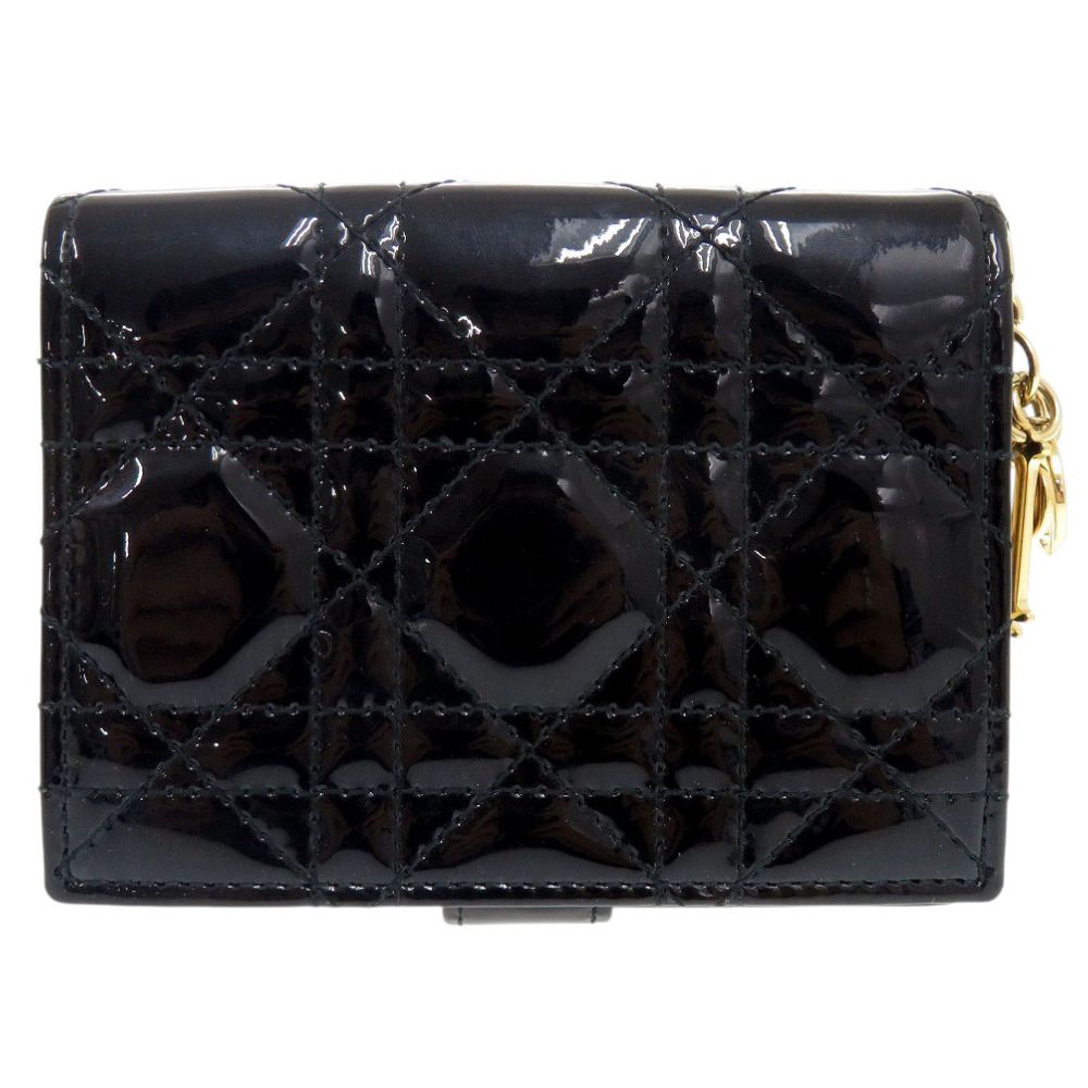 ディオール カナージュ ロゴ チャーム パテントレザー|エナメル ブラック ゴールド金具 二つ折り財布 黒 0820 Dior