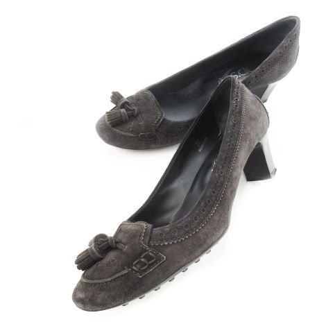 トッズ TOD S パンプス ミドルヒール スエード レザー パンチング メダリオン タッセル ローファーデザイン 37 24.0cm 茶 ブラウン |CK19 GY19