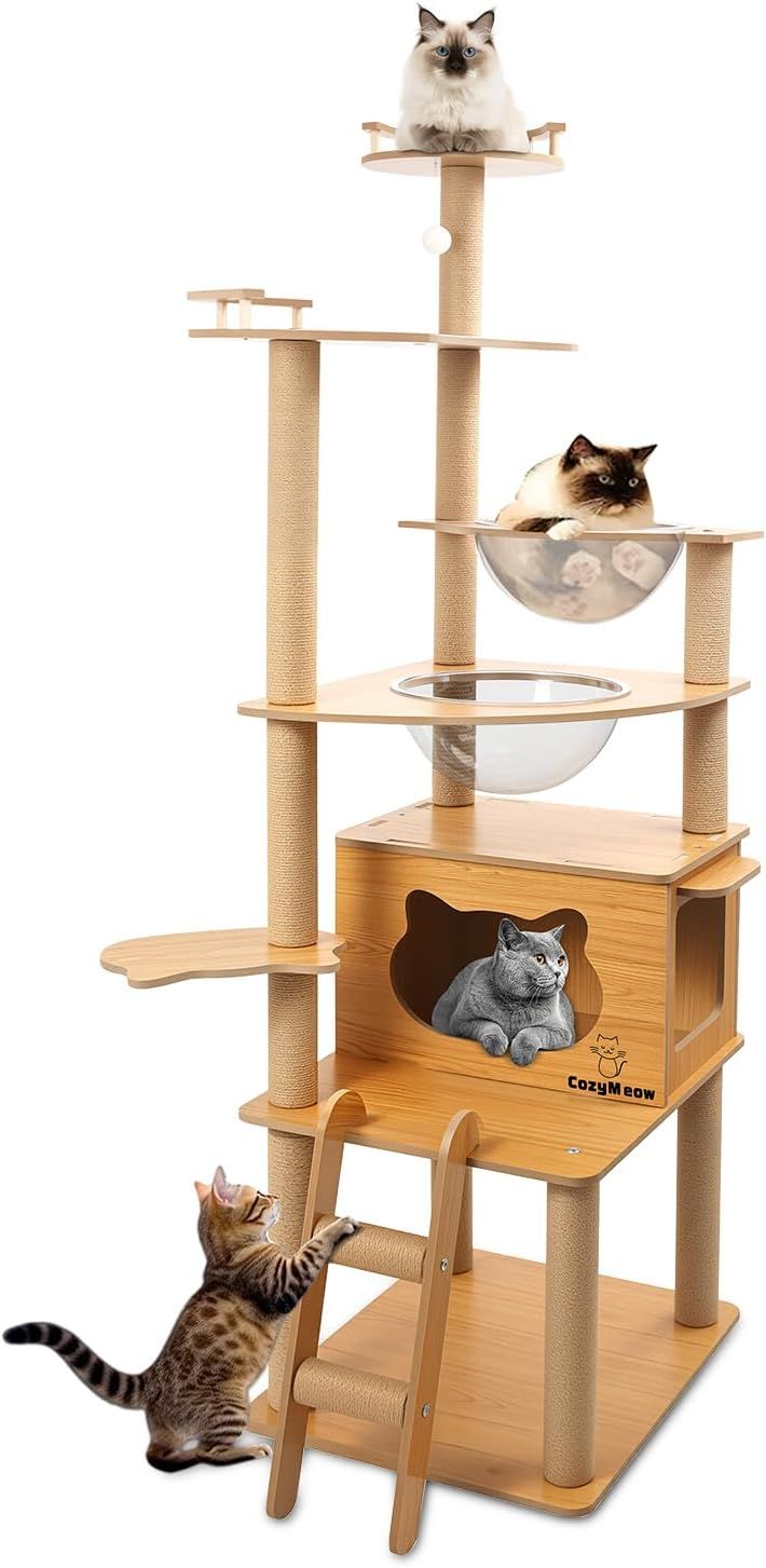 CozyMeow キャットタワー 木製 スリム 宇宙船 据え置き 厚さを増した板材 キャットハウス つめとぎ 猫 大型猫用 爪とぎ キャットウォーク 多頭飼い 人気 猫タワー おしゃれ かわいい ねこ キャットステップ 高い安定性 運動不足解消