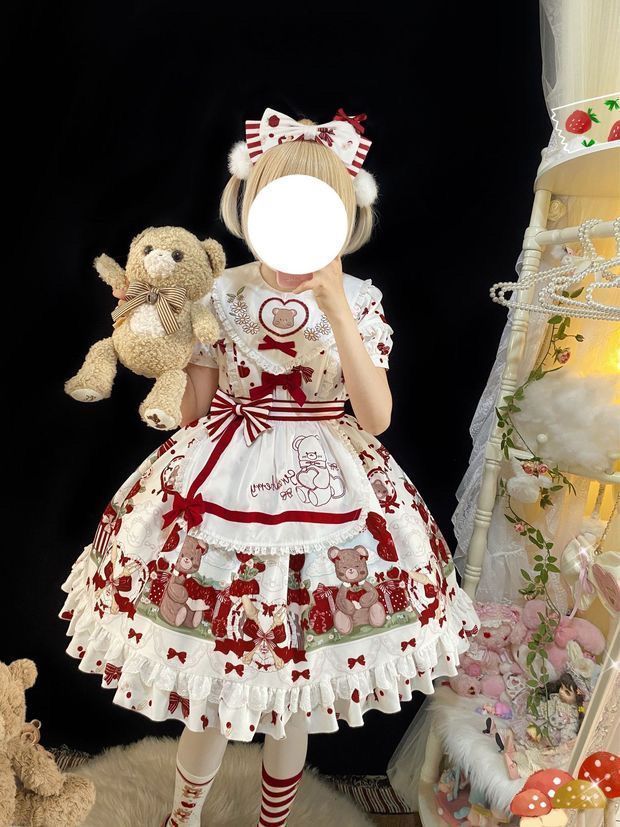 草莓ロリータプリンセスワンピース 甘ロリの可愛さ溢れるいちご＆くま柄