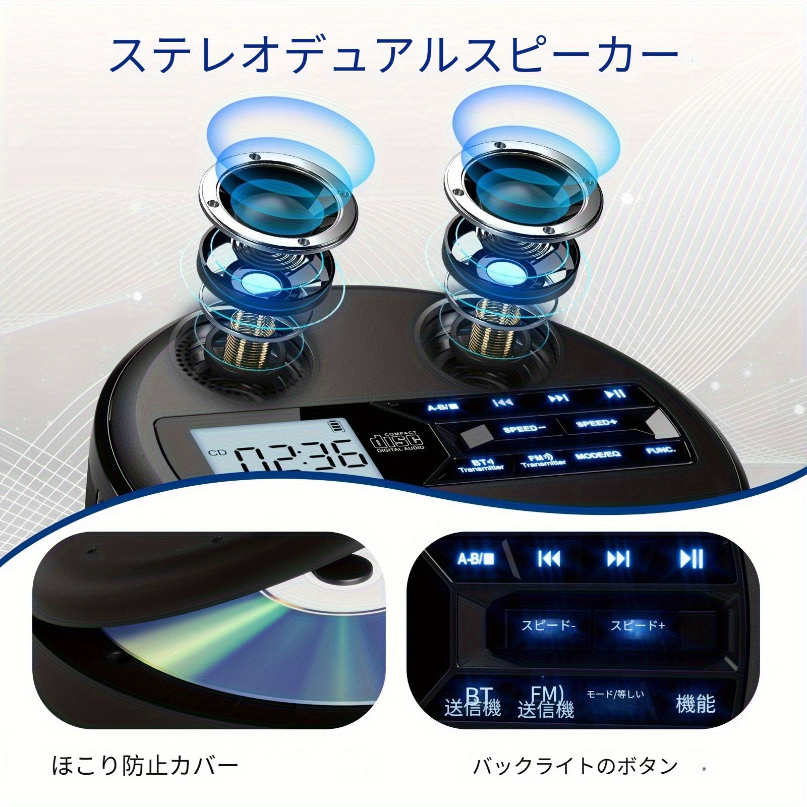 M-Amazup ポータブル MP3 プレーヤー デュアルワイヤレストランスミッション FMラジオ ステレオスピーカー USB再生 充電式リチウムバッテリー 再生速度制御 A-B リピート機能 コンパクトカーステレオシステム 家庭用および車用 車用ステレオシ