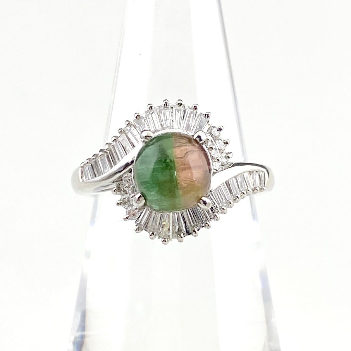 トルマリンキャッツアイ デザインリング プラチナ 指輪 メレダイヤ  