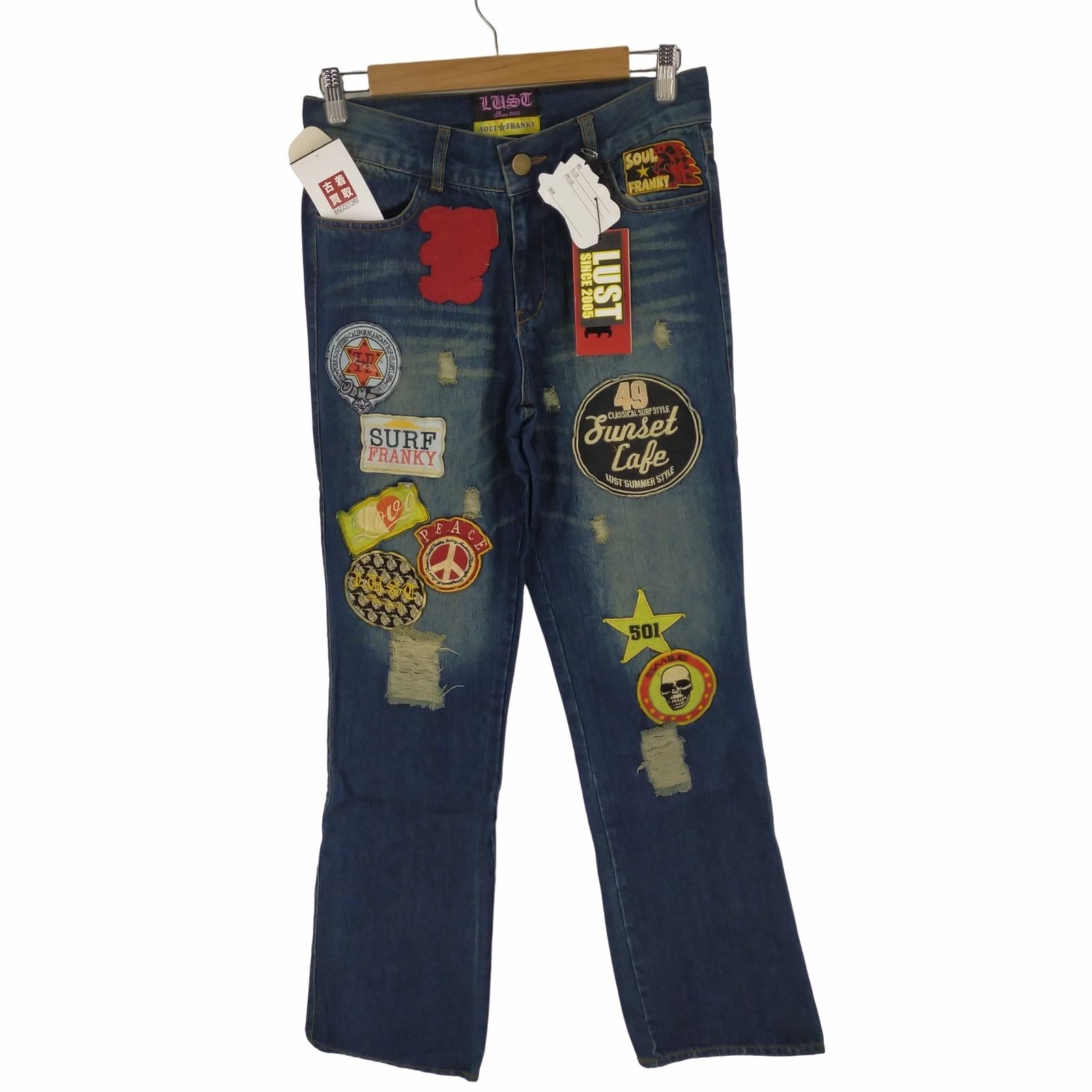 ユーズドフルギ USED古着 {{SOUL FRANKY}}ダメージ加工 ワッペン インディゴストレートデニム Y2K